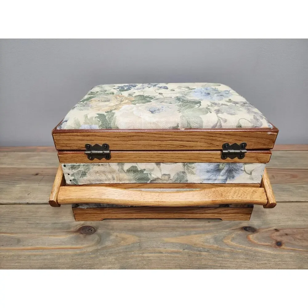 Vintage Oak Sewing Basket jewelry Hope box handmade Red Lining